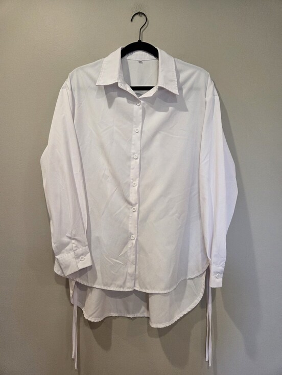 None Tops - White Oversized Tie Side Button-Up Shirt